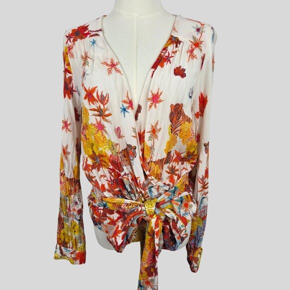 Michelle Morin For Anthropologie Blouse Sz M Floral Tiger Print Wrap Tie Waist - Picture 4 of 14